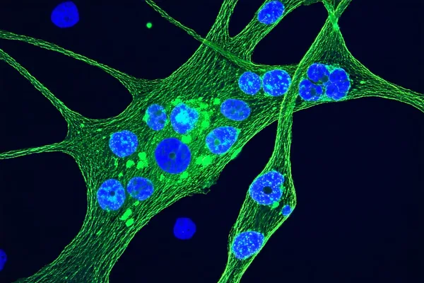 Fluorescence microscopy image for cell biology application showing cell nuclei and cytoskeletal markers