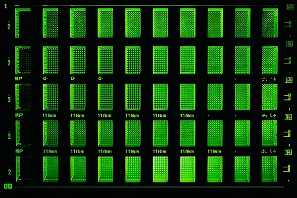 High-content screening plate visualization showing 96-well plate with fluorescence intensity readouts for drug discovery
