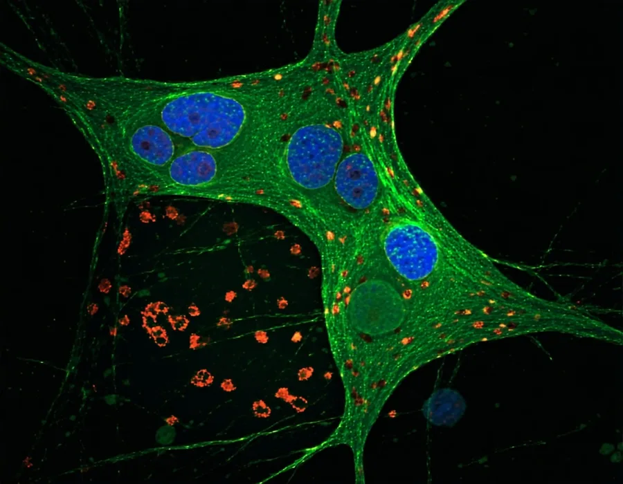Multi-channel fluorescence microscopy image showing DAPI-stained nuclei in blue, GFP-labeled cytoplasm in green, and mCherry marker in red, demonstrating standardized image analysis