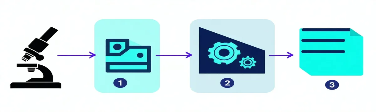 Three-step workflow diagram: step 1 import image stack, step 2 apply standardization protocol, step 3 export analysis-ready data