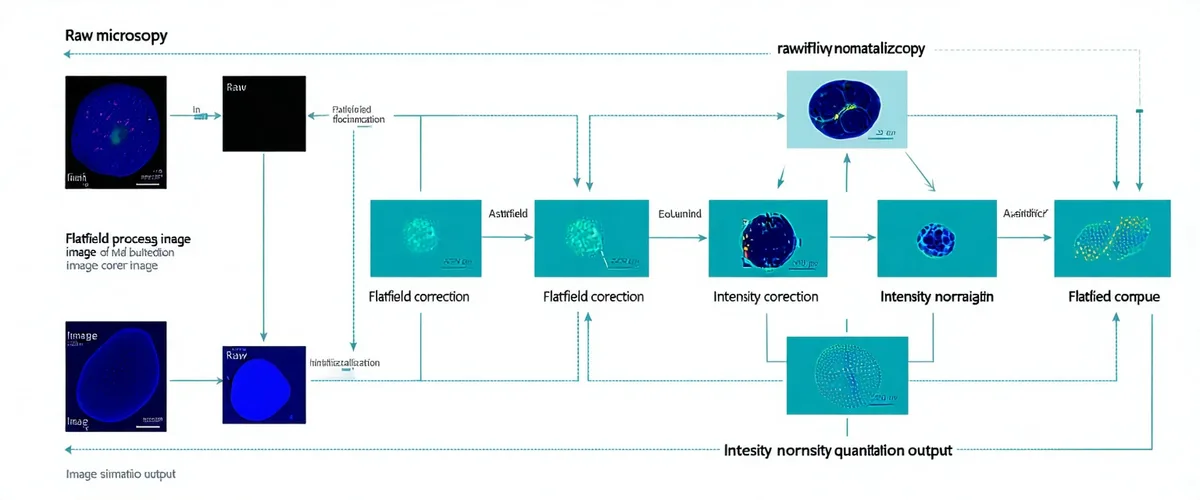 Cytely Analysis Engine pipeline diagram showing standardization workflow from raw microscopy image input through flatfield correction and normalization to standardized output